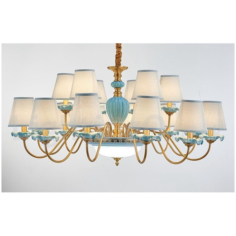 Retro Vintage Latão Cerâmica Pingente Vela Lustre com Tons de Tecido Azul