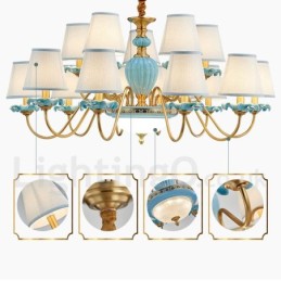 Retro Vintage Latão Cerâmica Pingente Vela Lustre com Tons de Tecido Azul