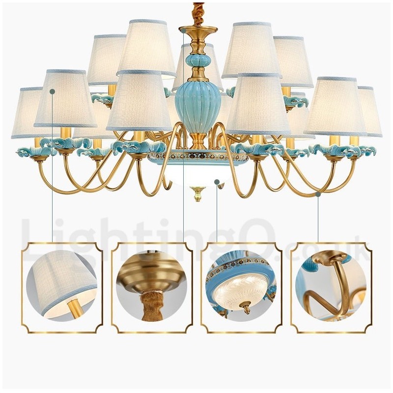 Retro Vintage Latão Cerâmica Pingente Vela Lustre com Tons de Tecido Azul