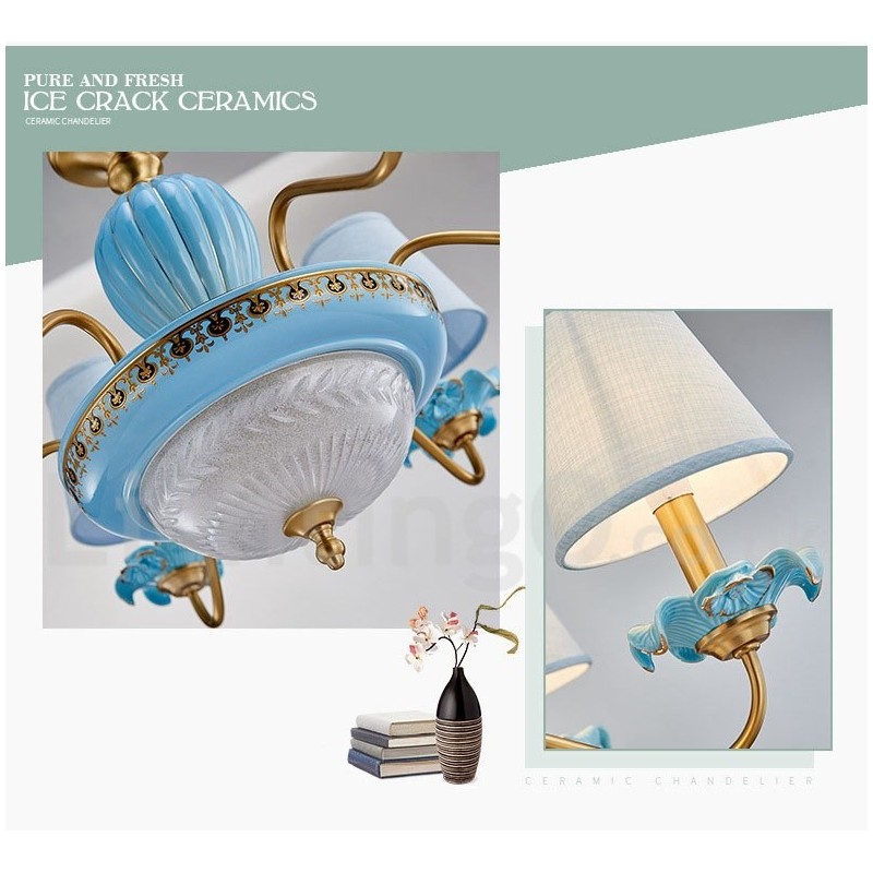 Retro Vintage Latão Cerâmica Pingente Vela Lustre com Tons de Tecido Azul