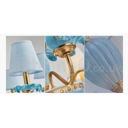Retro Vintage Latão Cerâmica Pingente Vela Lustre com Tons de Tecido Azul