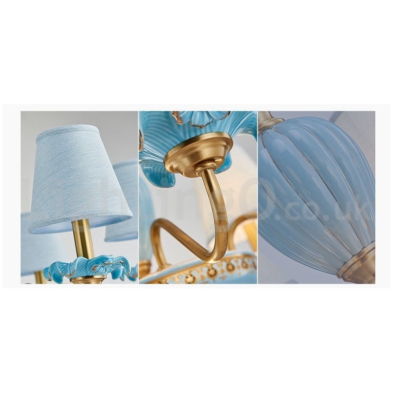 Retro Vintage Latão Cerâmica Pingente Vela Lustre com Tons de Tecido Azul