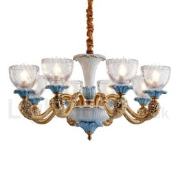 Retro Vintage Latão Cerâmica Pingente Vela Lustre com Tons de Vidro