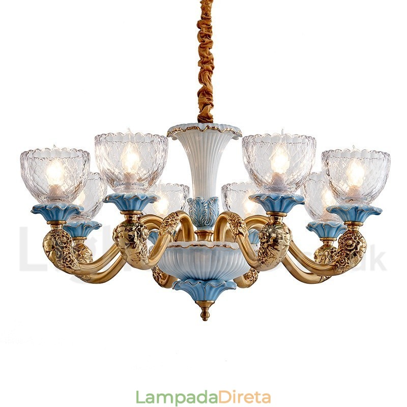 Retro Vintage Latão Cerâmica Pingente Vela Lustre com Tons de Vidro