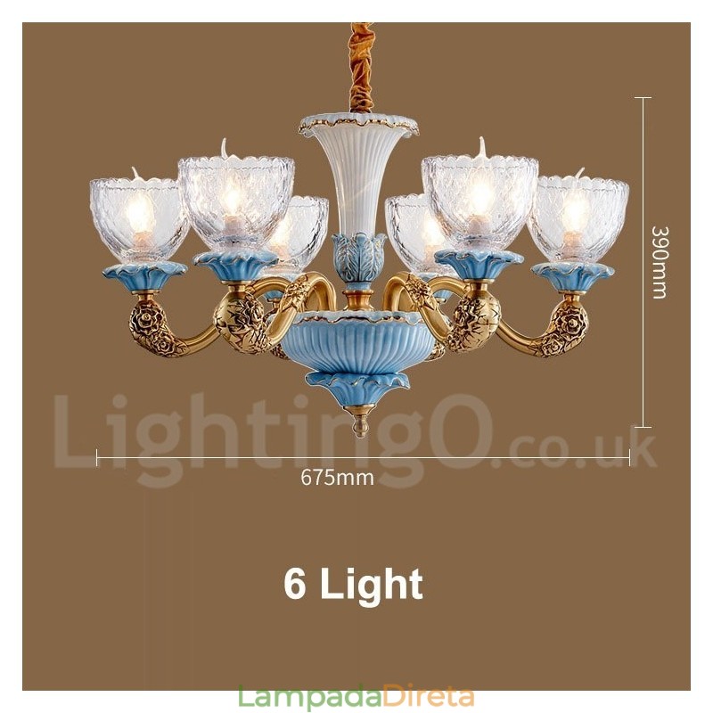 Retro Vintage Latão Cerâmica Pingente Vela Lustre com Tons de Vidro