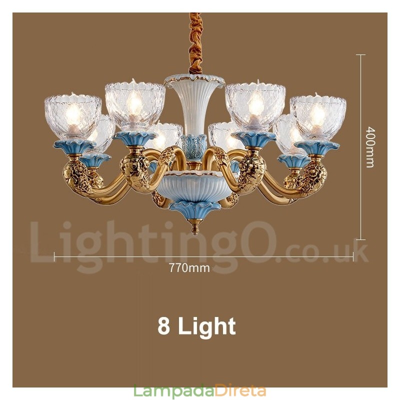 Retro Vintage Latão Cerâmica Pingente Vela Lustre com Tons de Vidro