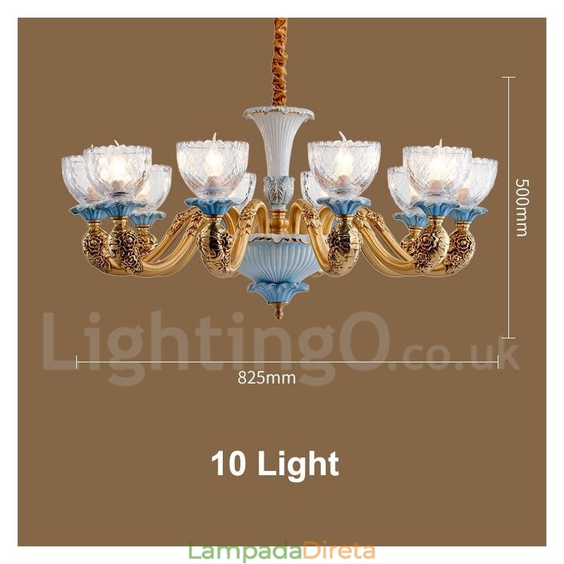 Retro Vintage Latão Cerâmica Pingente Vela Lustre com Tons de Vidro