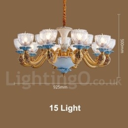 Retro Vintage Latão Cerâmica Pingente Vela Lustre com Tons de Vidro