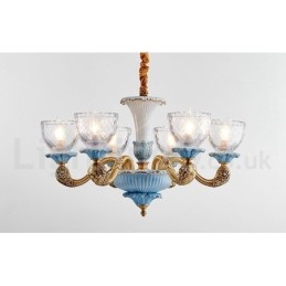 Retro Vintage Latão Cerâmica Pingente Vela Lustre com Tons de Vidro