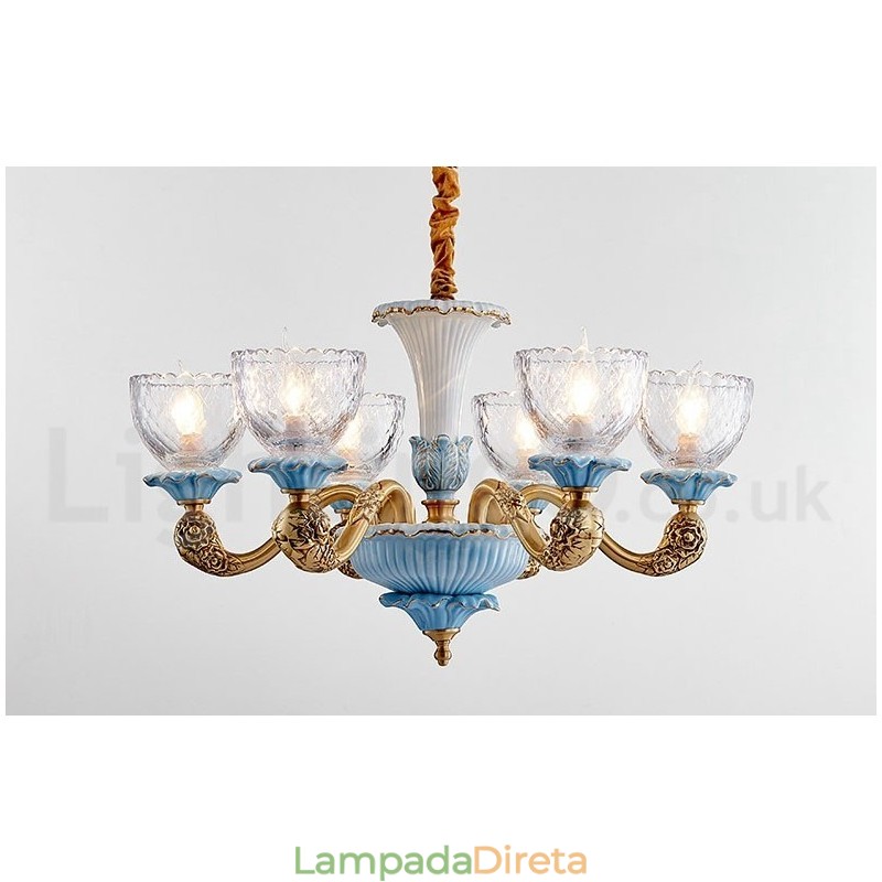 Retro Vintage Latão Cerâmica Pingente Vela Lustre com Tons de Vidro