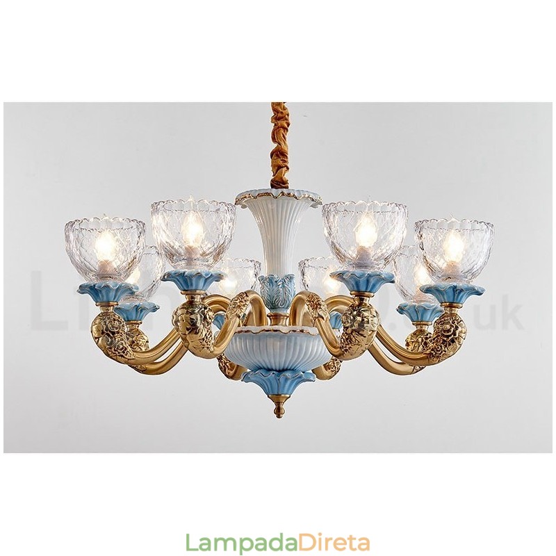 Retro Vintage Latão Cerâmica Pingente Vela Lustre com Tons de Vidro