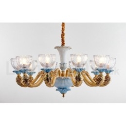 Retro Vintage Latão Cerâmica Pingente Vela Lustre com Tons de Vidro