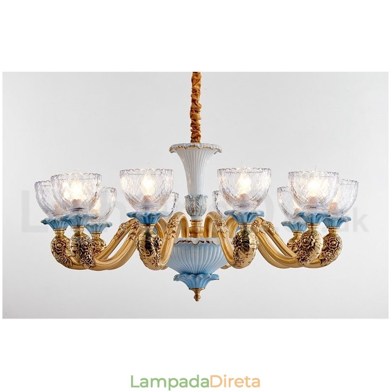 Retro Vintage Latão Cerâmica Pingente Vela Lustre com Tons de Vidro