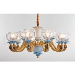 Retro Vintage Latão Cerâmica Pingente Vela Lustre com Tons de Vidro