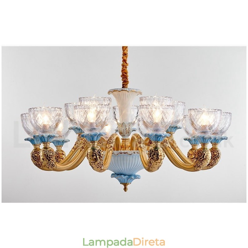 Retro Vintage Latão Cerâmica Pingente Vela Lustre com Tons de Vidro