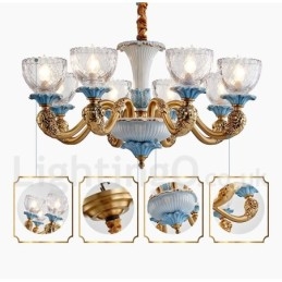 Retro Vintage Latão Cerâmica Pingente Vela Lustre com Tons de Vidro