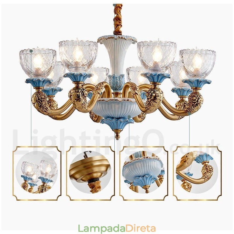 Retro Vintage Latão Cerâmica Pingente Vela Lustre com Tons de Vidro