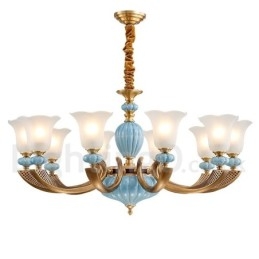 Retro Vintage Latão Cerâmica Pingente Vela Lustre com Tons de Vidro