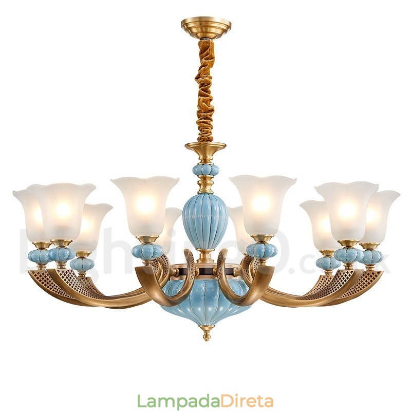 Retro Vintage Latão Cerâmica Pingente Vela Lustre com Tons de Vidro