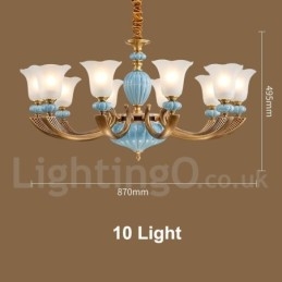 Retro Vintage Latão Cerâmica Pingente Vela Lustre com Tons de Vidro