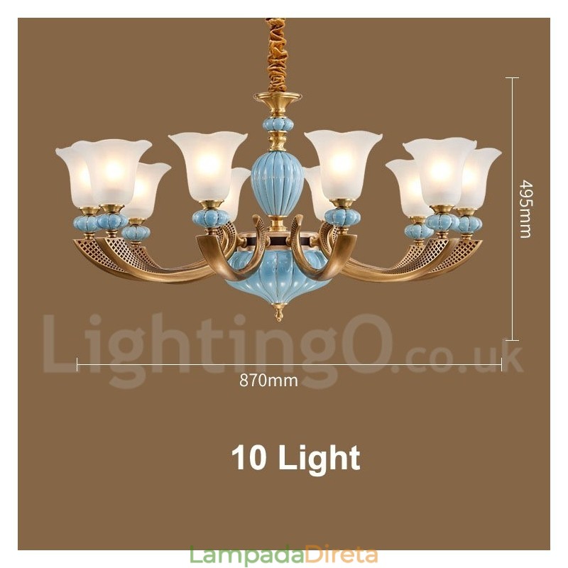 Retro Vintage Latão Cerâmica Pingente Vela Lustre com Tons de Vidro