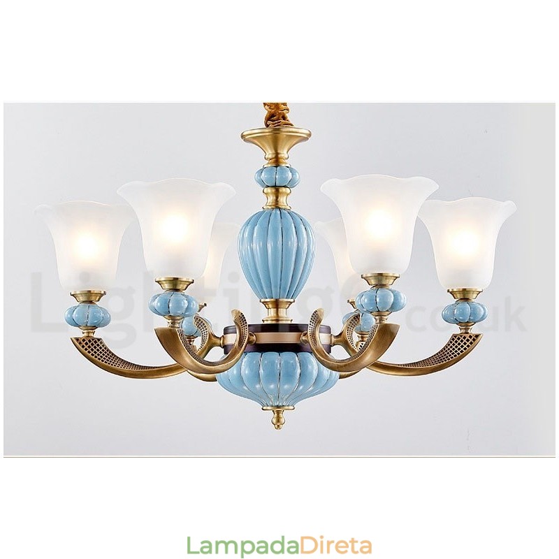 Retro Vintage Latão Cerâmica Pingente Vela Lustre com Tons de Vidro