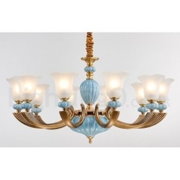 Retro Vintage Latão Cerâmica Pingente Vela Lustre com Tons de Vidro