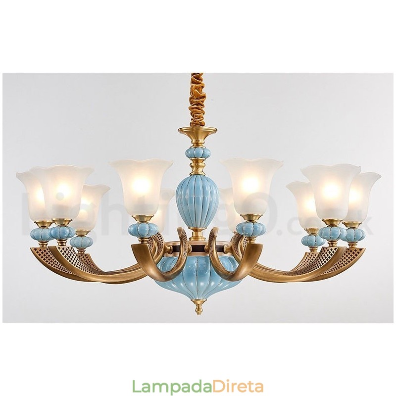 Retro Vintage Latão Cerâmica Pingente Vela Lustre com Tons de Vidro