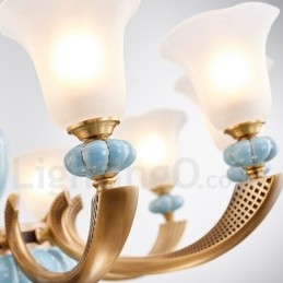 Retro Vintage Latão Cerâmica Pingente Vela Lustre com Tons de Vidro