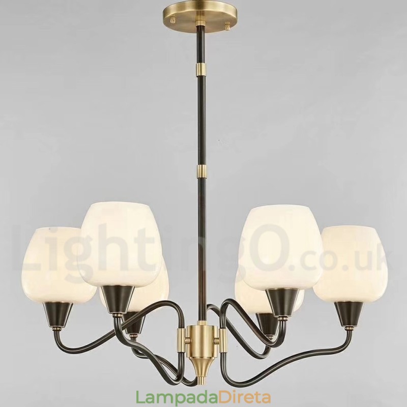 Lustre de vela pendente de latão vintage retrô com cúpulas de vidro