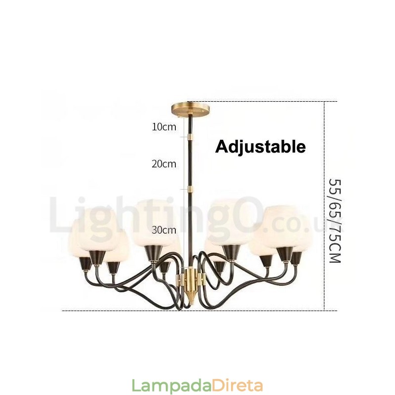 Lustre de vela pendente de latão vintage retrô com cúpulas de vidro