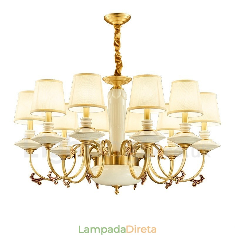 Retro Vintage Latão Cerâmica Pingente Vela Lustre com Tecido Tons