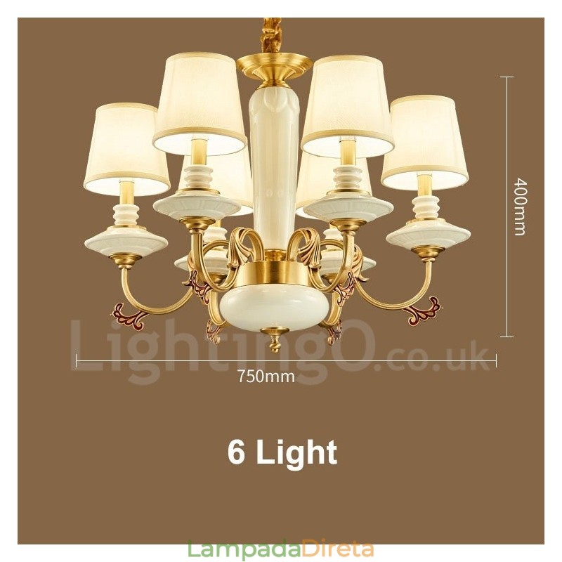 Retro Vintage Latão Cerâmica Pingente Vela Lustre com Tecido Tons