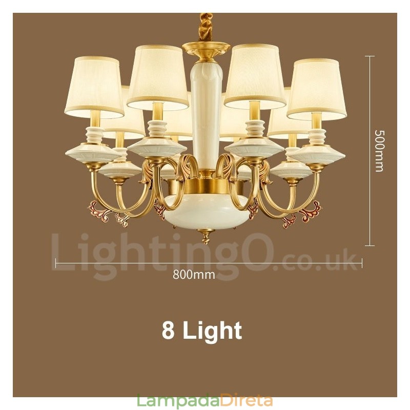 Retro Vintage Latão Cerâmica Pingente Vela Lustre com Tecido Tons