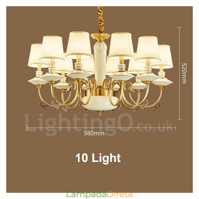 Retro Vintage Latão Cerâmica Pingente Vela Lustre com Tecido Tons