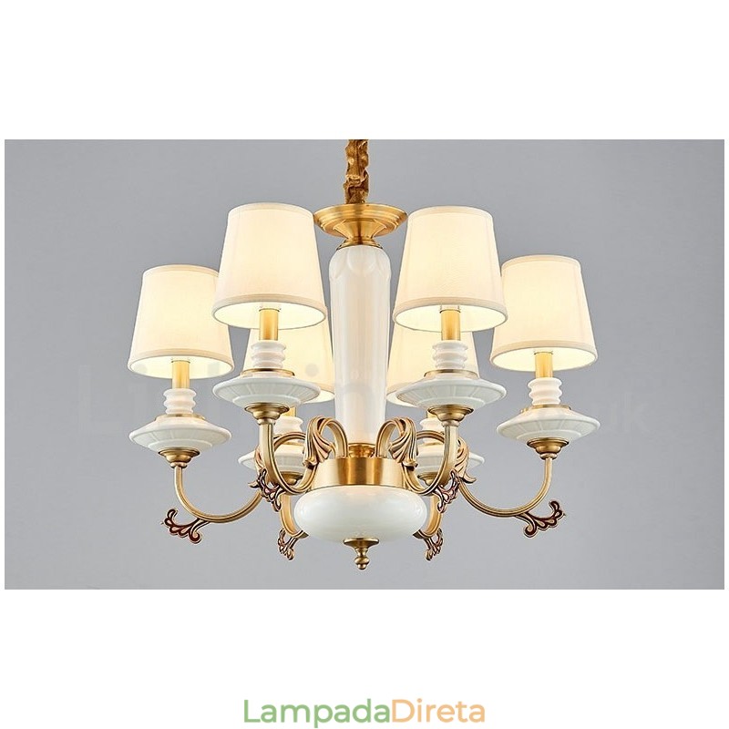 Retro Vintage Latão Cerâmica Pingente Vela Lustre com Tecido Tons