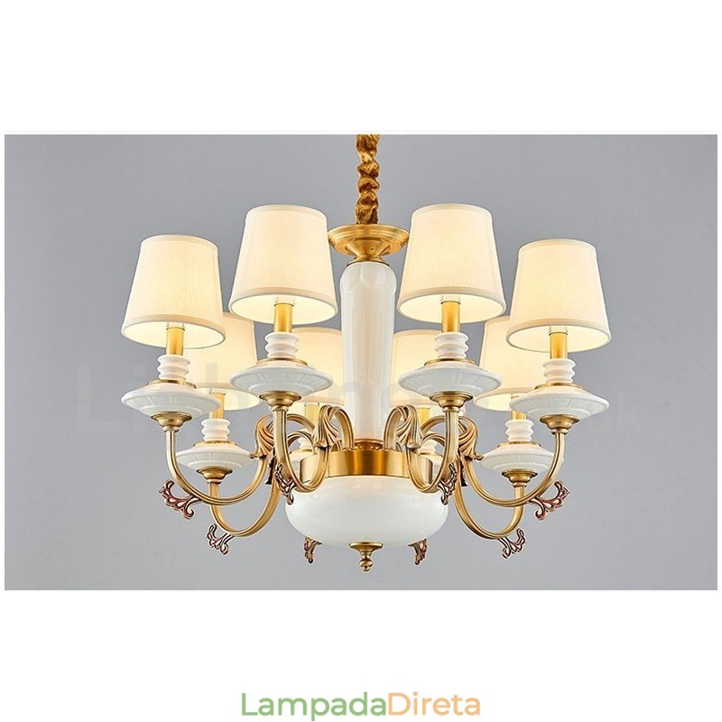 Retro Vintage Latão Cerâmica Pingente Vela Lustre com Tecido Tons