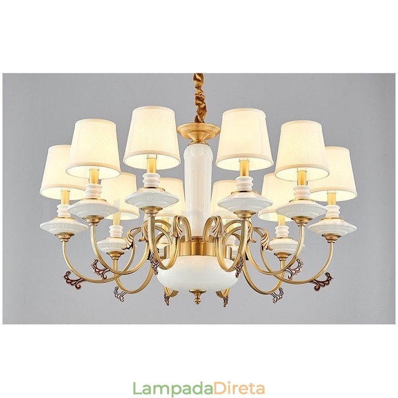 Retro Vintage Latão Cerâmica Pingente Vela Lustre com Tecido Tons