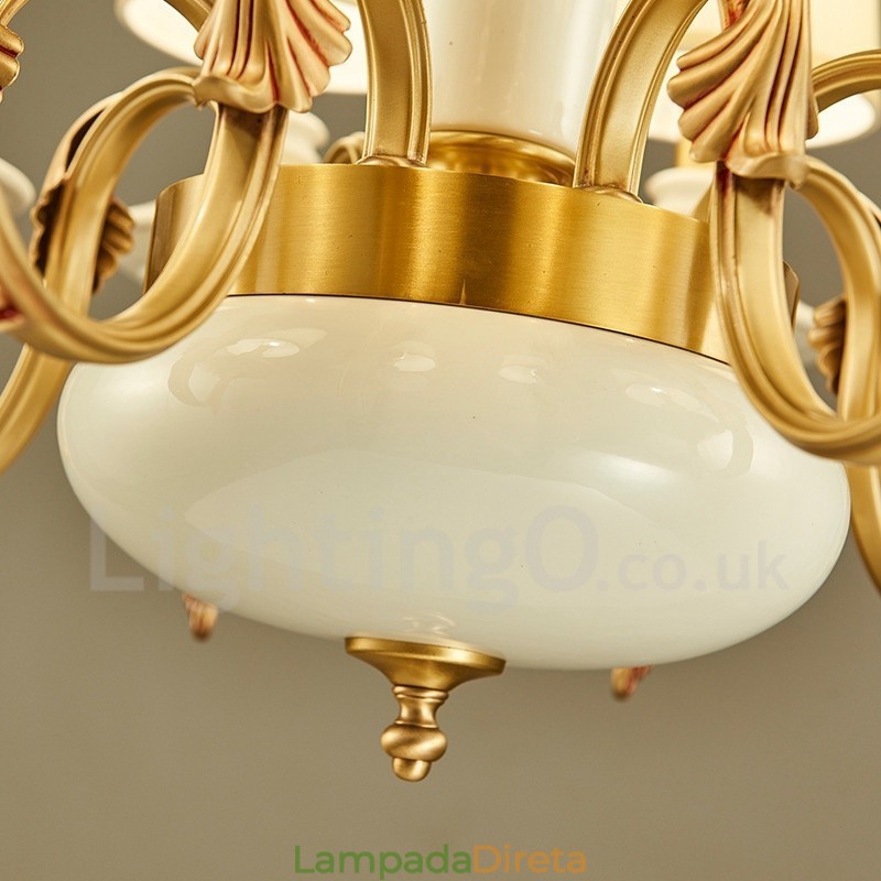 Retro Vintage Latão Cerâmica Pingente Vela Lustre com Tecido Tons