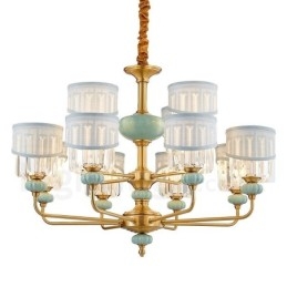 Pure Brass Luxuoso Rústico Retro Vintage Latão Cerâmica Pingente Vela Lustre com Tecido e Cristal Tons
