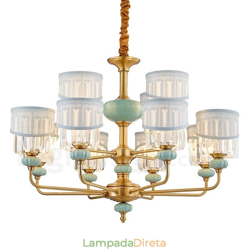 Pure Brass Luxuoso Rústico Retro Vintage Latão Cerâmica Pingente Vela Lustre com Tecido e Cristal Tons