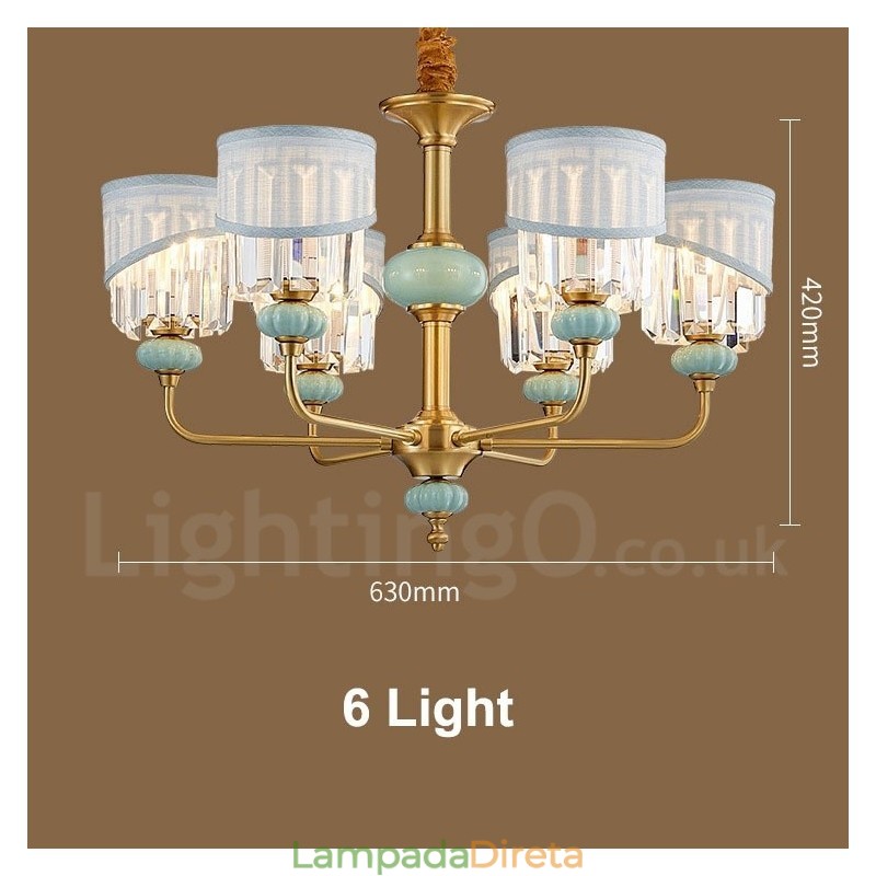 Pure Brass Luxuoso Rústico Retro Vintage Latão Cerâmica Pingente Vela Lustre com Tecido e Cristal Tons