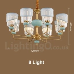 Pure Brass Luxuoso Rústico Retro Vintage Latão Cerâmica Pingente Vela Lustre com Tecido e Cristal Tons