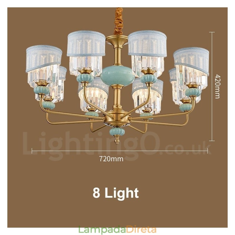 Pure Brass Luxuoso Rústico Retro Vintage Latão Cerâmica Pingente Vela Lustre com Tecido e Cristal Tons