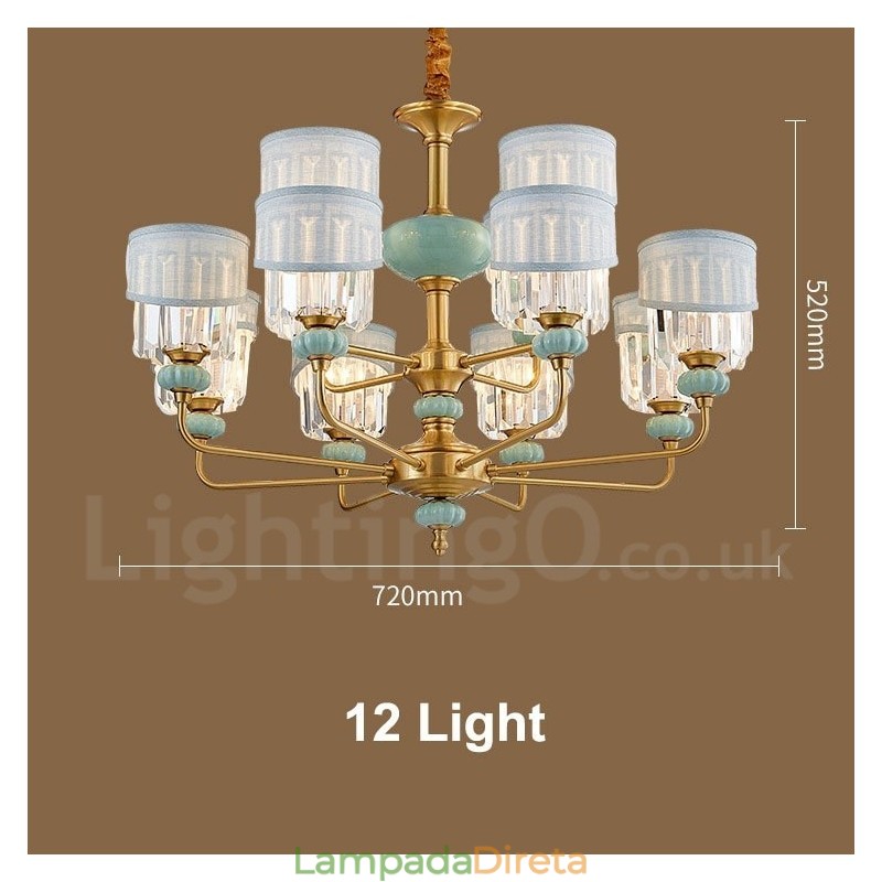 Pure Brass Luxuoso Rústico Retro Vintage Latão Cerâmica Pingente Vela Lustre com Tecido e Cristal Tons