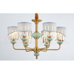 Pure Brass Luxuoso Rústico Retro Vintage Latão Cerâmica Pingente Vela Lustre com Tecido e Cristal Tons