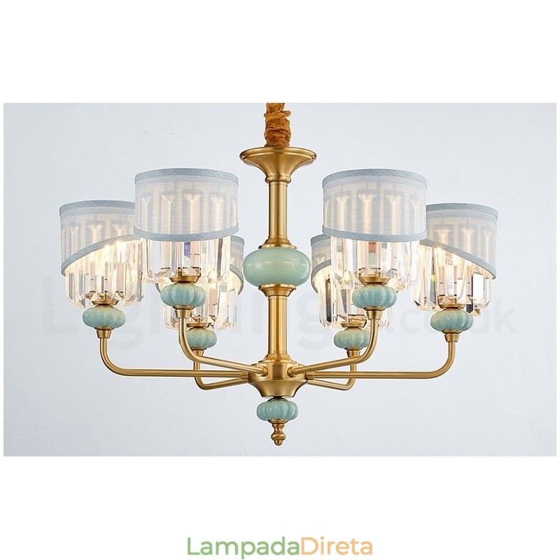 Pure Brass Luxuoso Rústico Retro Vintage Latão Cerâmica Pingente Vela Lustre com Tecido e Cristal Tons