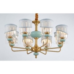 Pure Brass Luxuoso Rústico Retro Vintage Latão Cerâmica Pingente Vela Lustre com Tecido e Cristal Tons