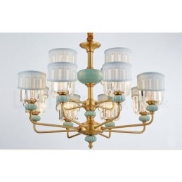 Pure Brass Luxuoso Rústico Retro Vintage Latão Cerâmica Pingente Vela Lustre com Tecido e Cristal Tons