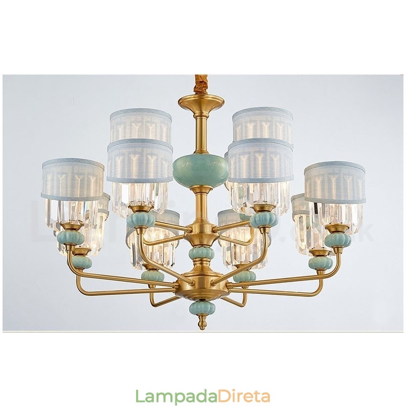 Pure Brass Luxuoso Rústico Retro Vintage Latão Cerâmica Pingente Vela Lustre com Tecido e Cristal Tons
